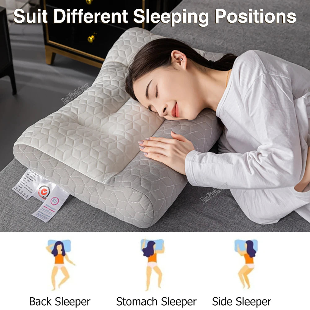 Woman lying on a pillow with text 'Suit Different Sleeping Positions' and icons for back, stomach, and side sleepers.